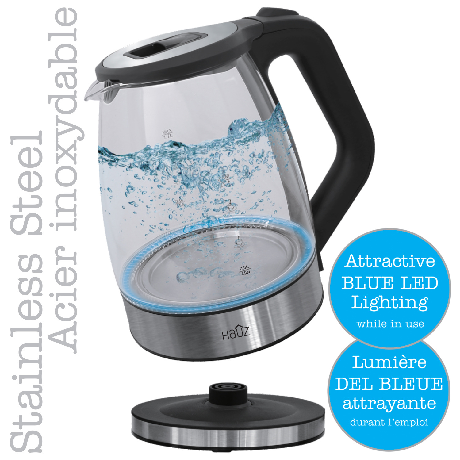 HAUZ Cordless Glass Kettle with Blue LED – 1.7 L