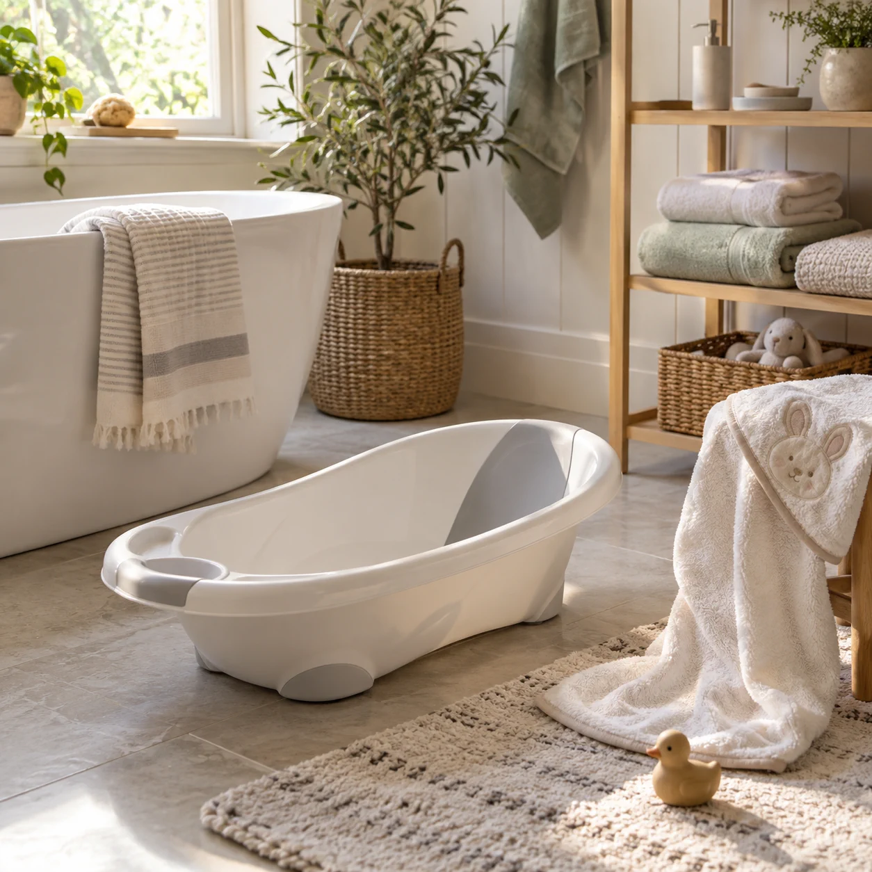 Softly lit bathroom prepared with a small empty infant bath and clean towels.