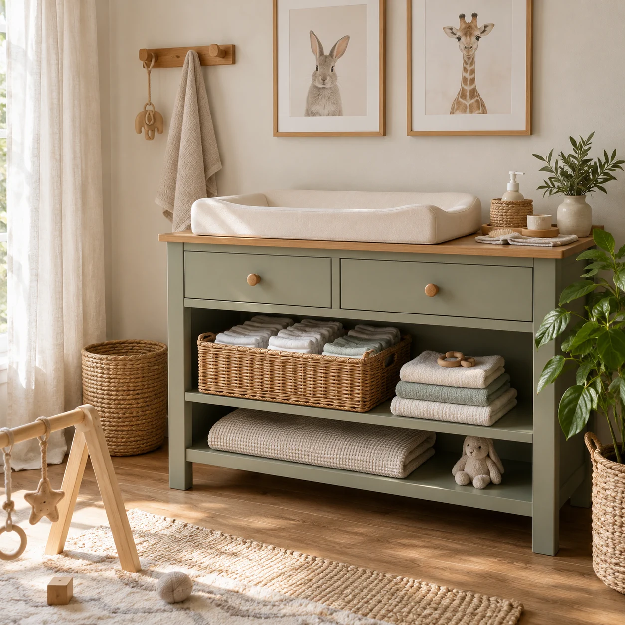 Tidy nursery changing corner with a changing pad, folded diapers, towels, and a basket.