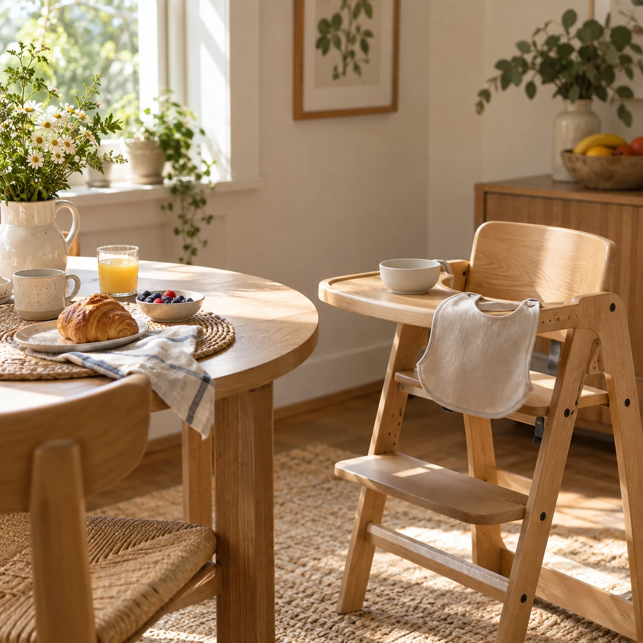 Welcoming family breakfast corner with an empty highchair, small bowl, and plain bib.