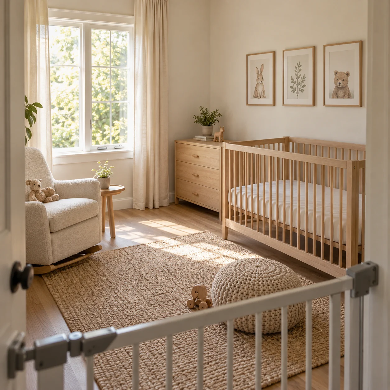 Calm nursery with secured low furniture, an empty crib, and a closed safety gate.