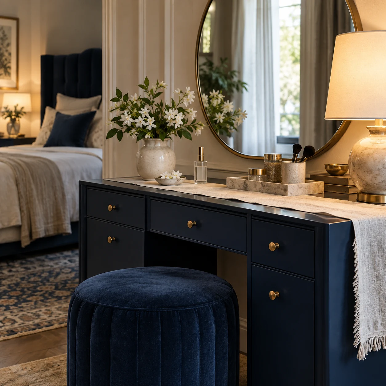 Warm navy-and-cream dressing vanity with a small unbranded scent atomiser and jasmine.