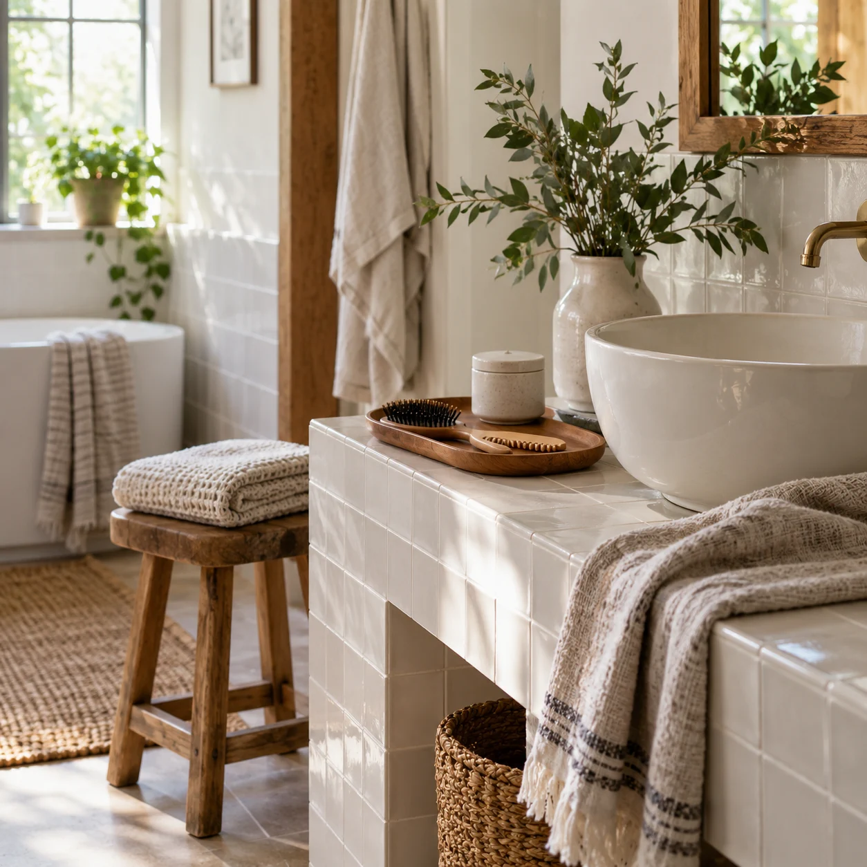 Peaceful bathroom corner with a brush, comb, linen towel, and plain container.