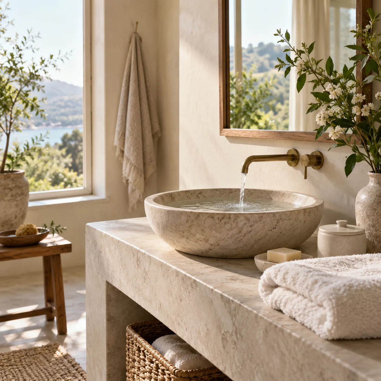 Fresh spa-like bathroom with greenery, folded towel, and a small plain cream vessel.
