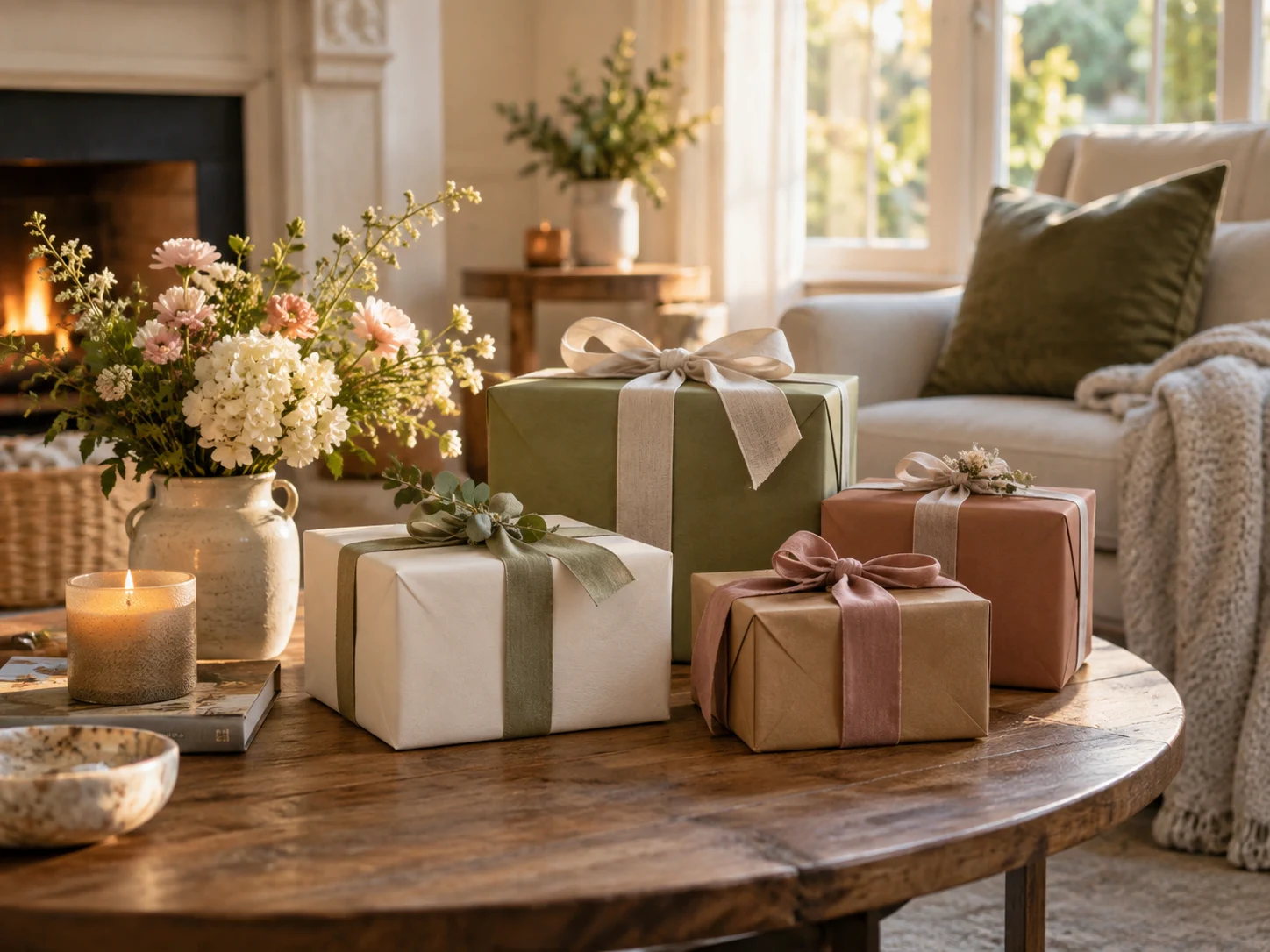 Thoughtfully wrapped gifts in cream, sage and clay tones on a coffee table beside a cosy armchair.