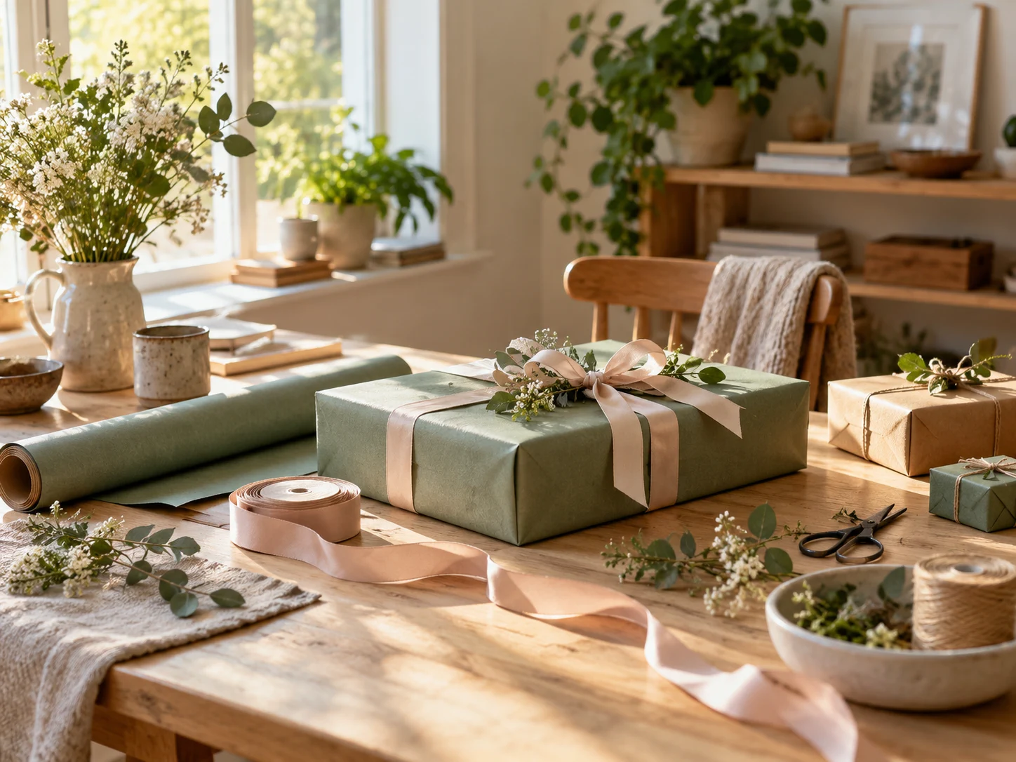 Sage wrapping paper, blush ribbon, scissors and gifts arranged on a sunlit creative worktable.