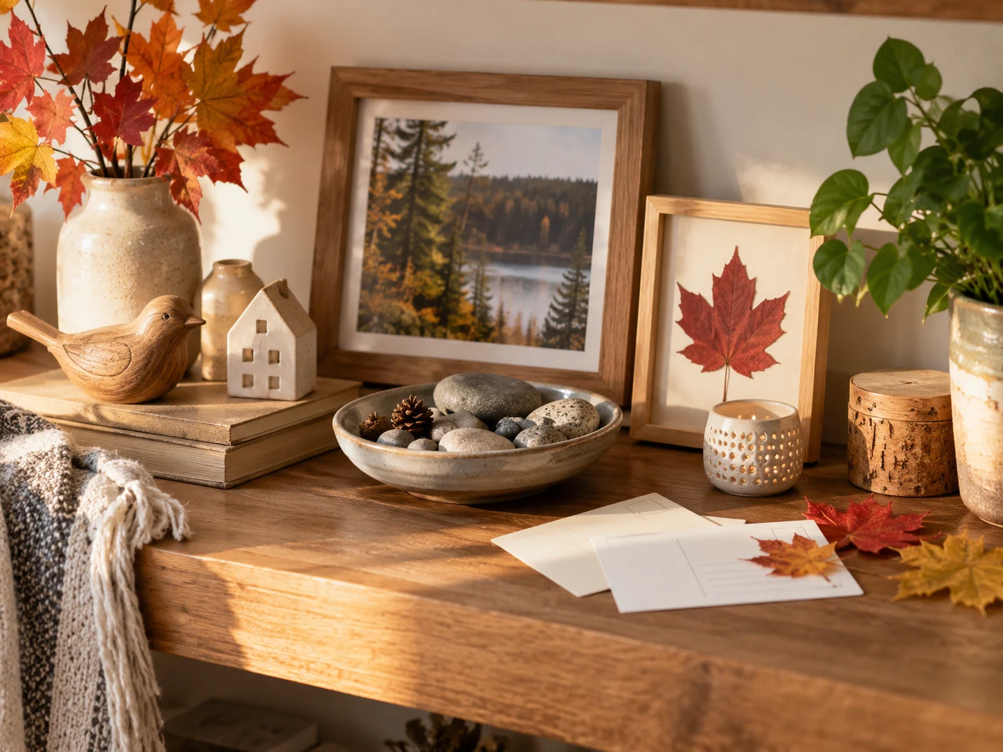 A warm memory shelf with small wooden keepsakes, lake stones, blank postcards and Canadian maple leaves.