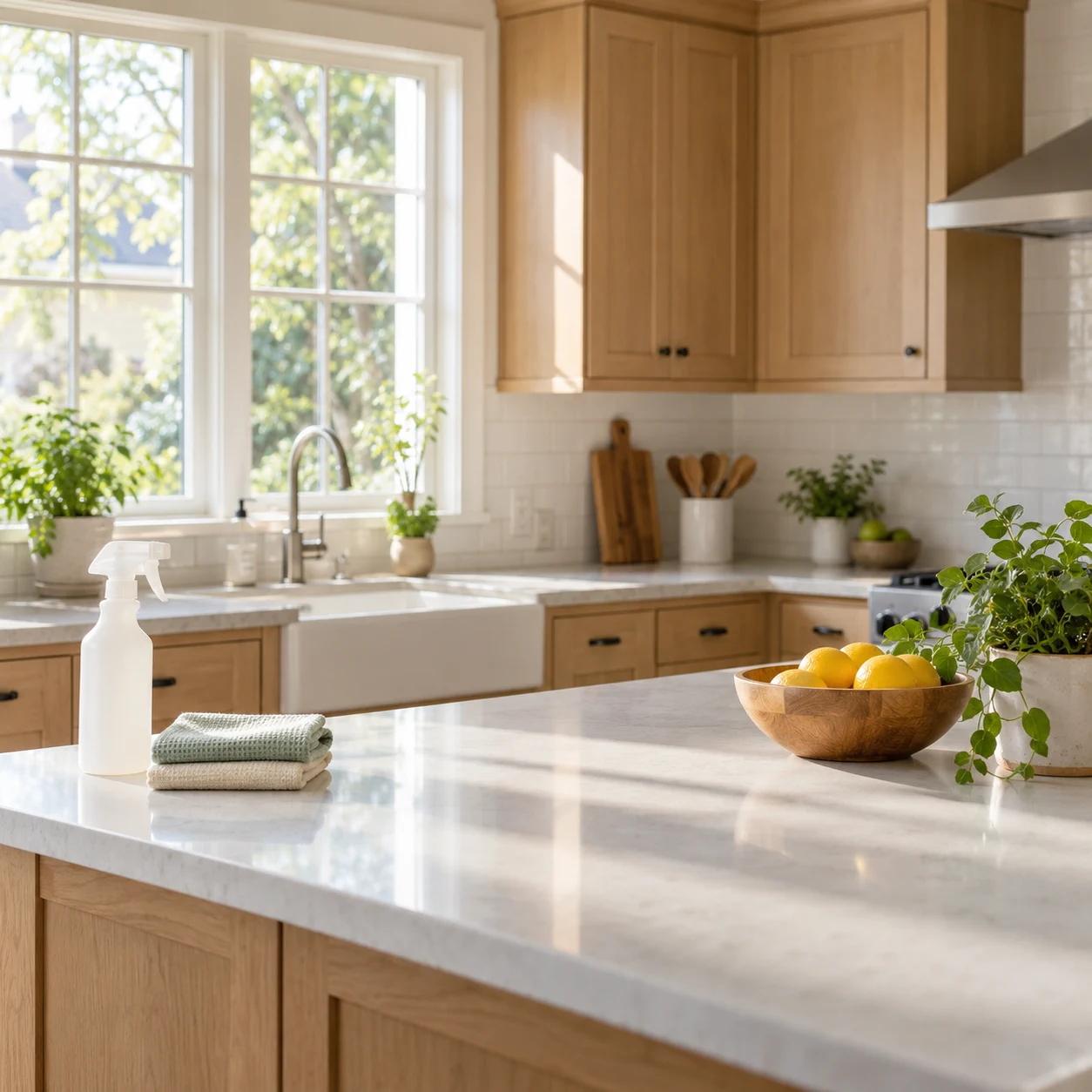 Freshly cleaned bright kitchen with plain cleaning cloths and an unlabelled spray bottle at the counter edge.