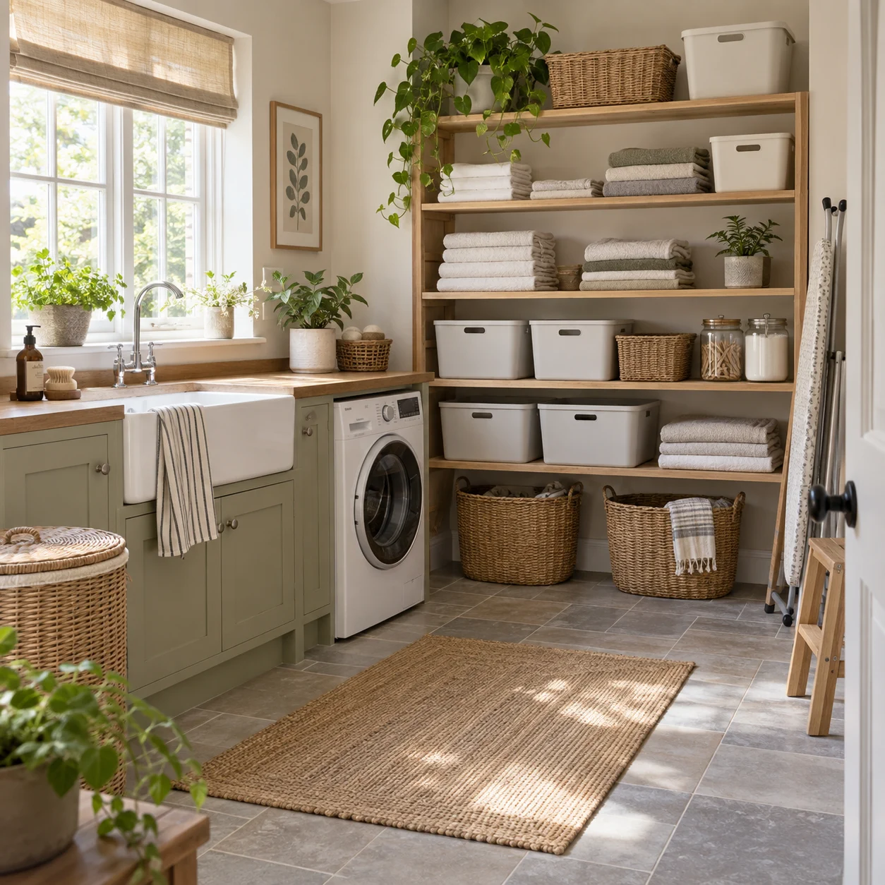Organised utility room with practical shelves, plain storage bins, woven baskets and folded linens.