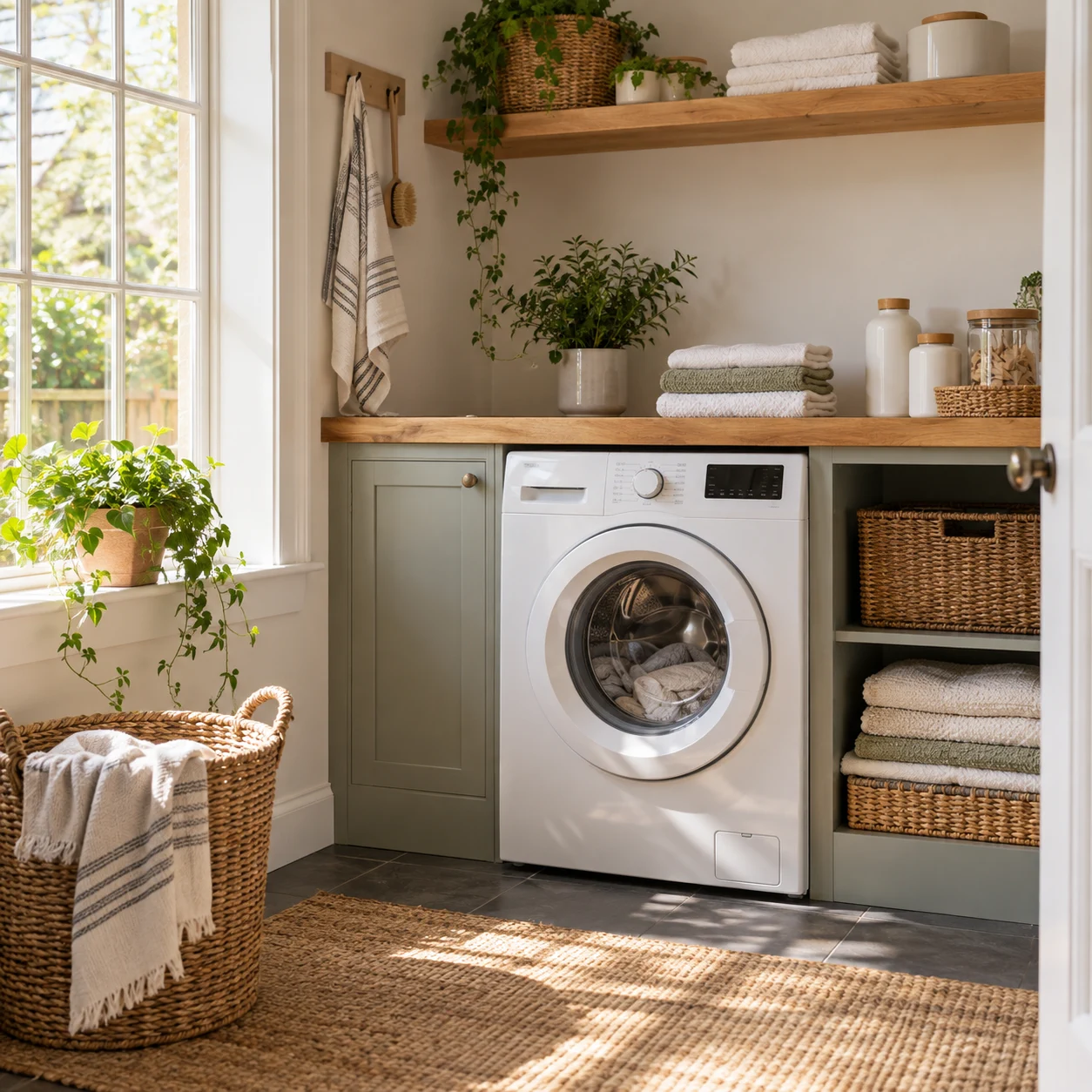 Sunlit laundry nook with a washing machine, folded linens and a woven laundry basket.