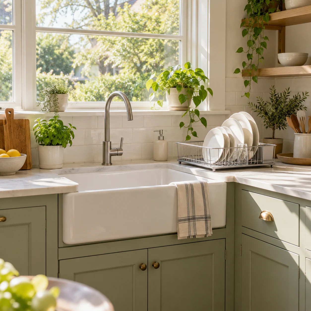 Spotless kitchen sink beneath a sunny window with clean plates in a simple draining rack.