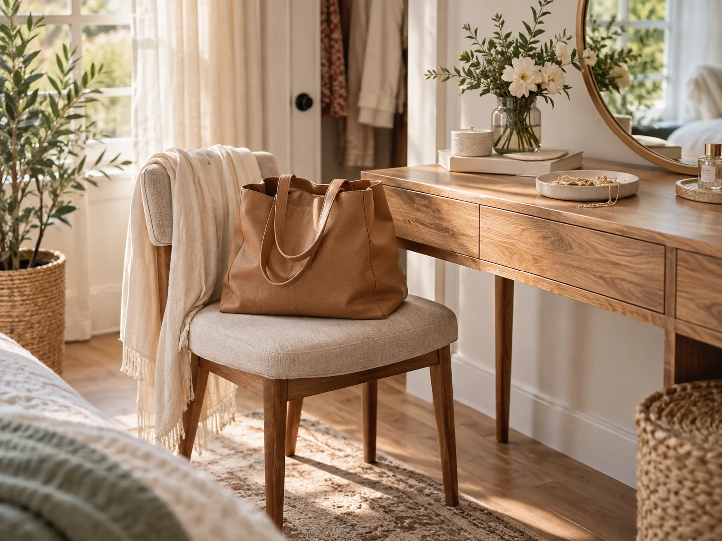Light-filled dressing nook with a tan bag and a ceramic dish of understated jewelry.