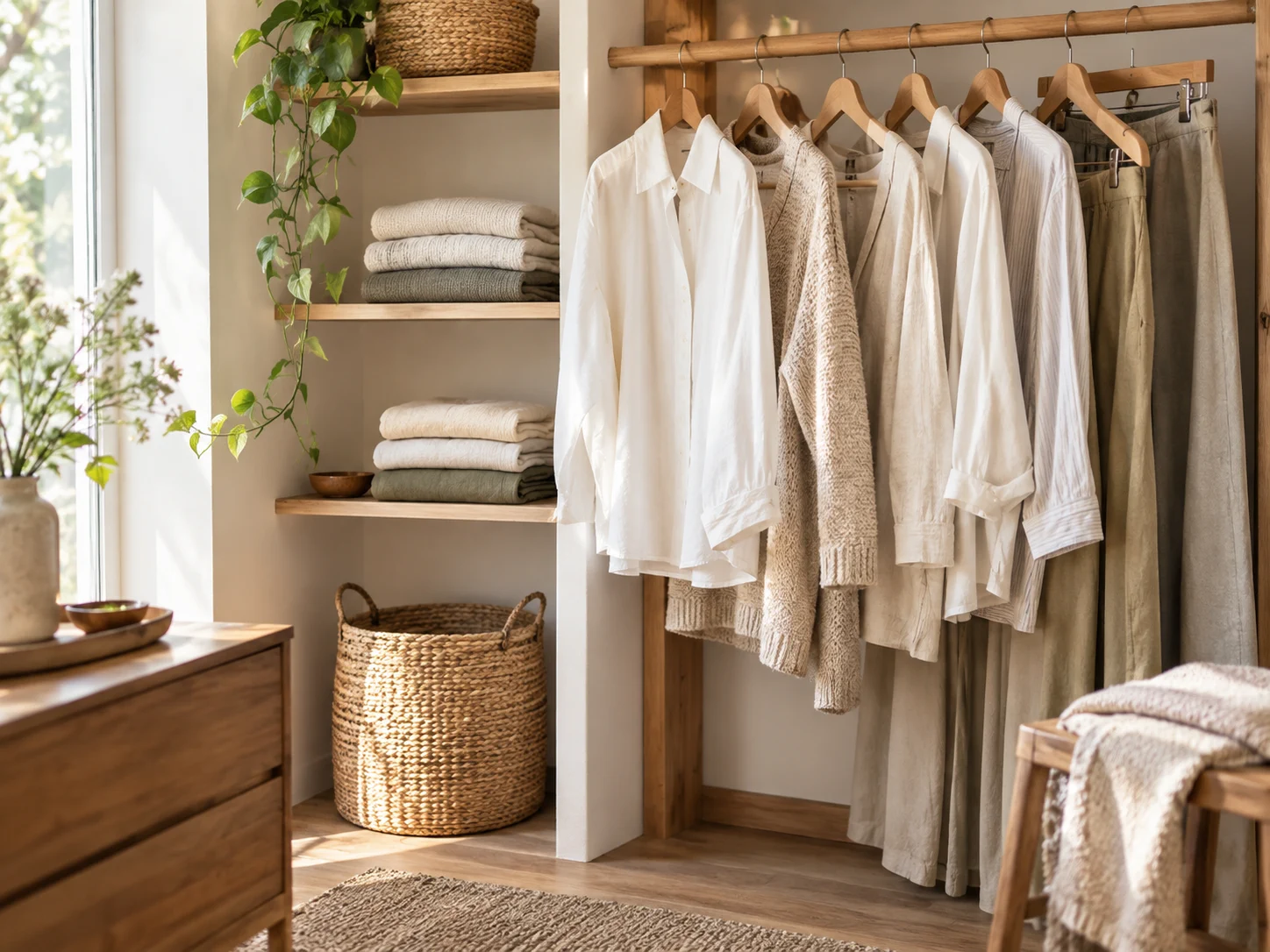Airy wardrobe with neutral shirts, a beige cardigan and neatly folded clothes on wooden shelves.