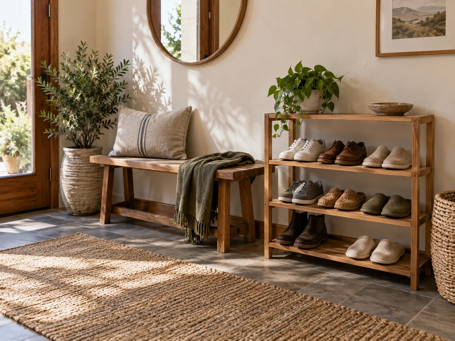 Elegant entryway shelf with simple shoes and slippers beside a wooden bench and woven mat.