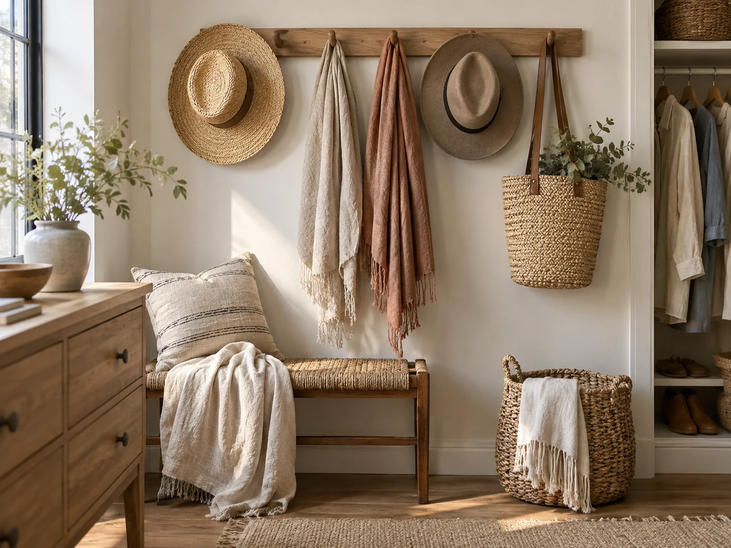 Cozy wardrobe nook with simple hats, softly draped scarves and a woven basket.