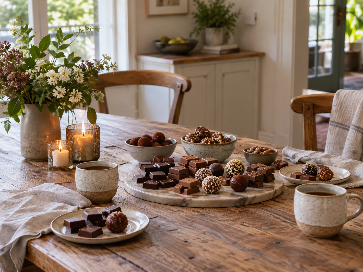 Inviting dining table with loose chocolate and sweets served in simple ceramic dishes.