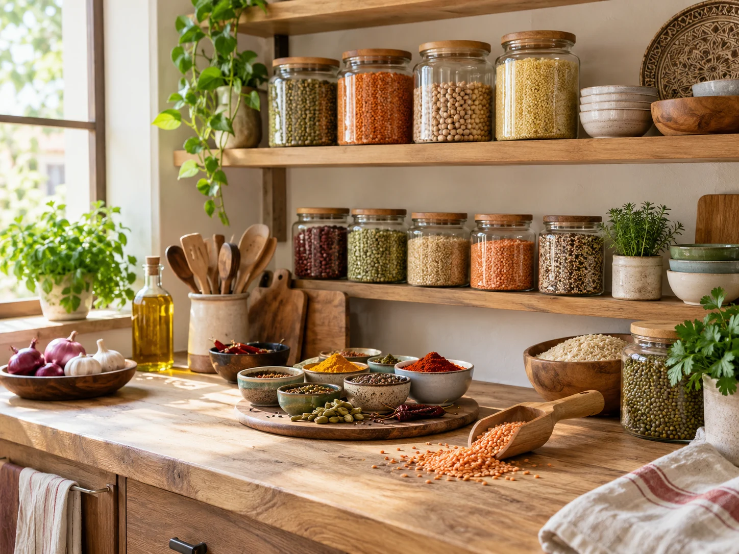 Sunlit pantry nook with clear jars of grains, open bowls of spices and a wooden scoop.