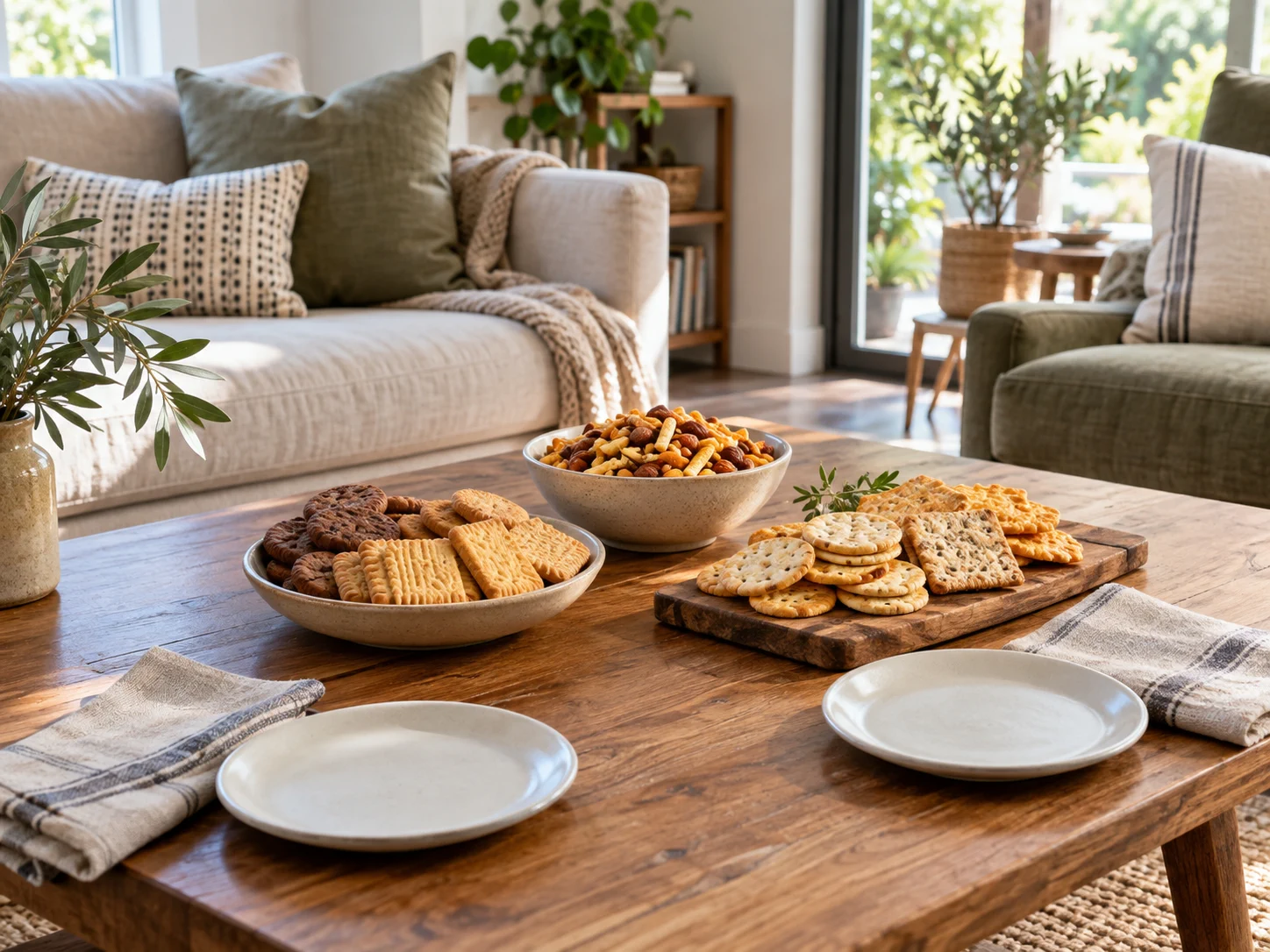 Casual living room snack table with biscuits, savory crackers and bowls of crunchy snacks.