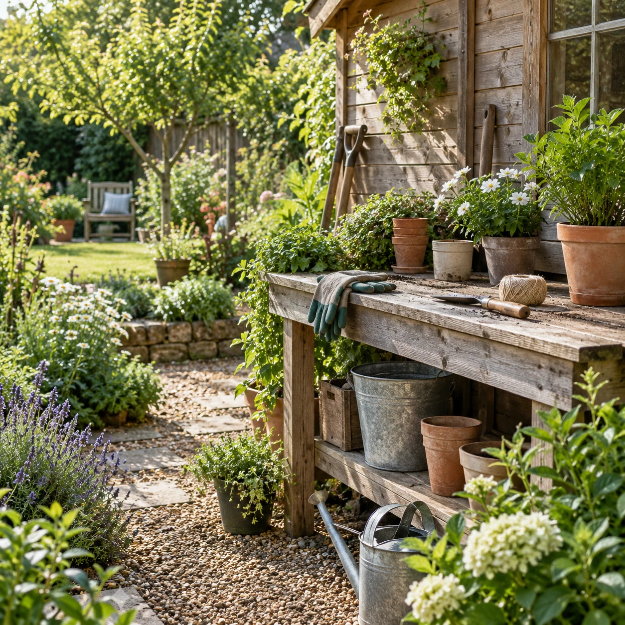 Peaceful gardening corner beside a wooden shed with gloves, twine and a hand trowel on a bench.