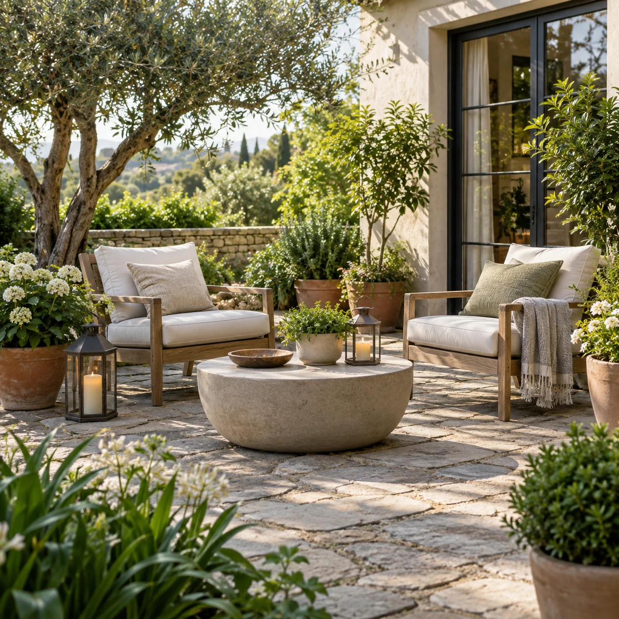 Welcoming stone patio with cushioned chairs, lush potted plants and lanterns.