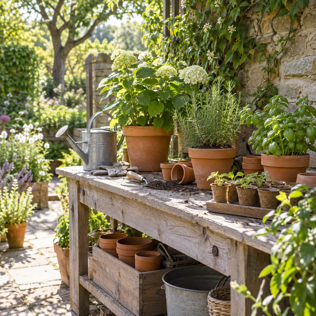 Sunlit garden potting bench with healthy terracotta plants, seedlings and a watering can.