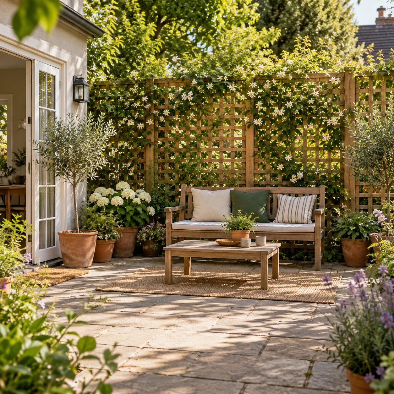 Leafy patio with climbing vines on a timber trellis, a wooden bench and potted plants.