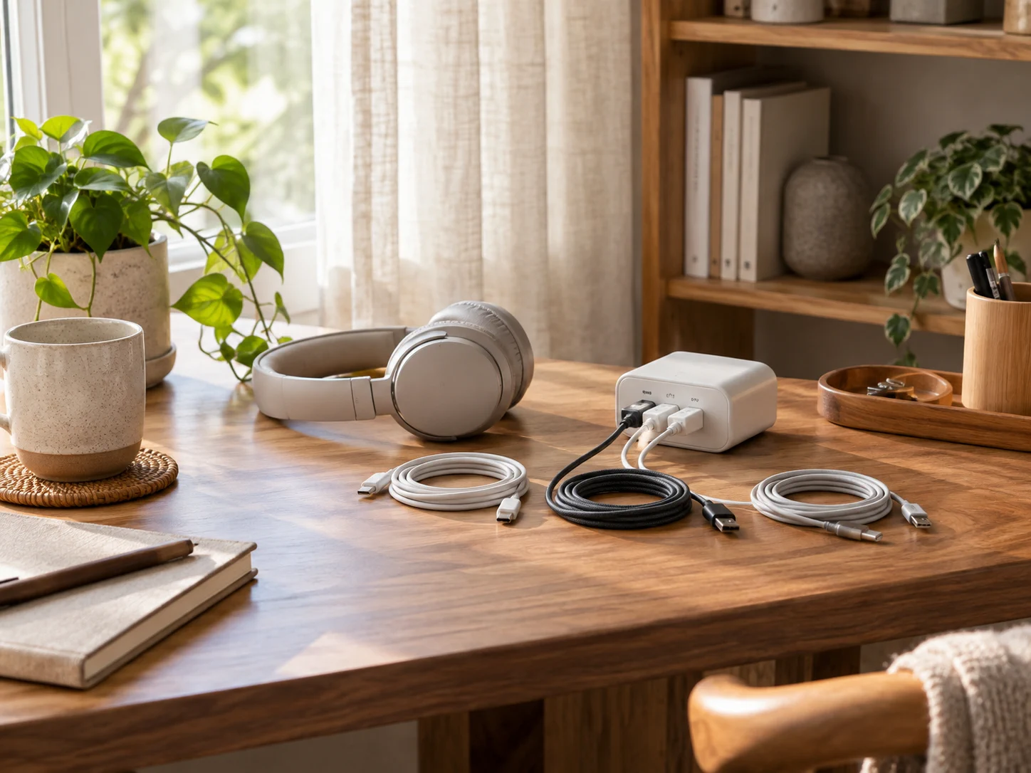 Neat home desk corner with coiled charging cables, unbranded headphones and a small charging hub.