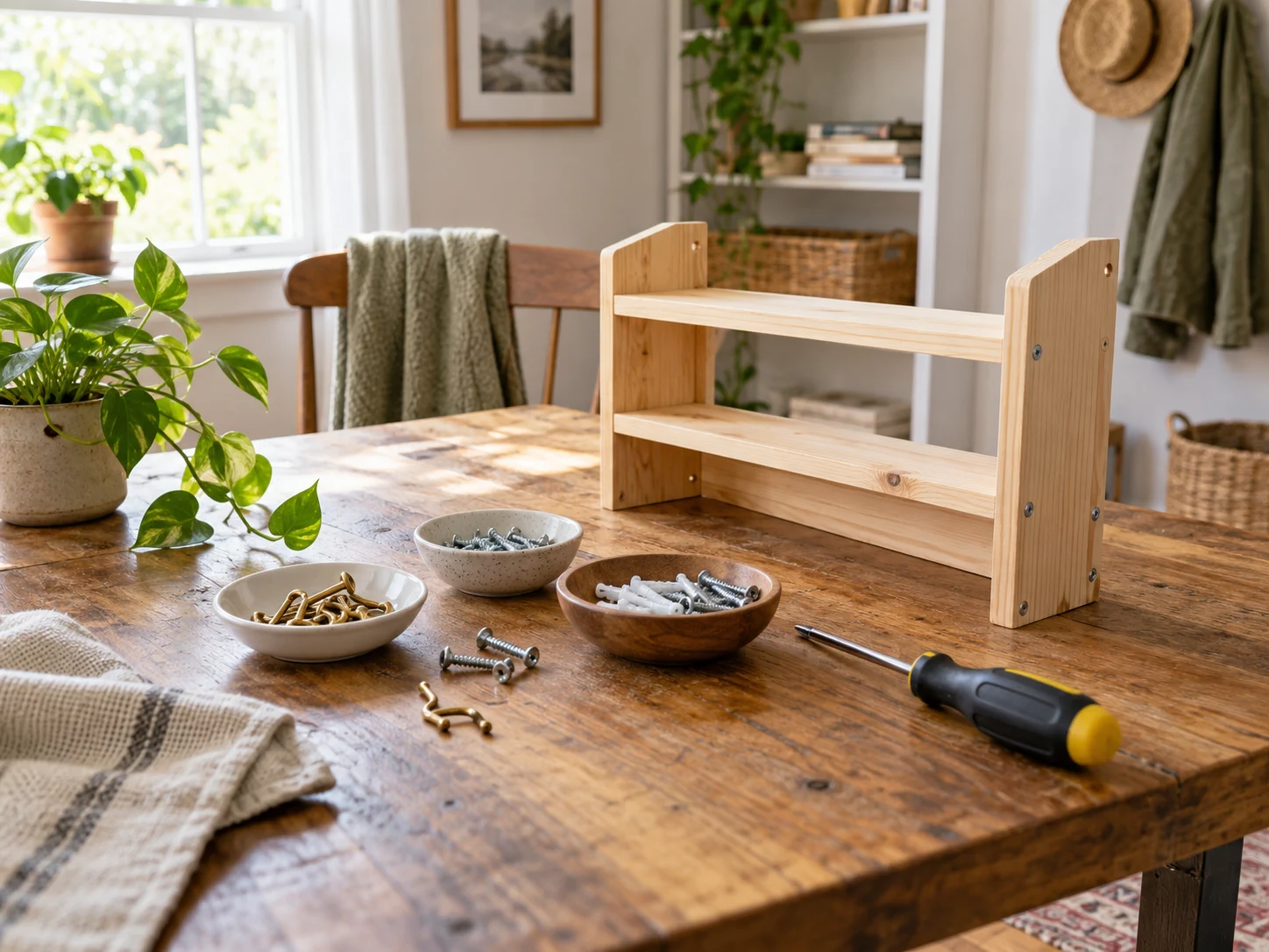 Tidy home repair workspace with small dishes of hooks and fasteners beside a wooden shelf.