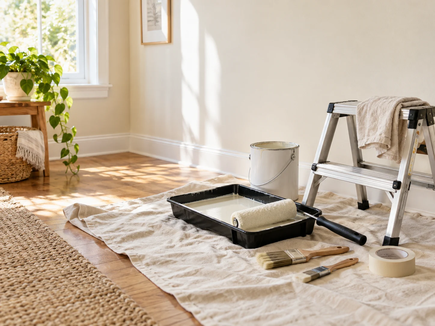 Bright home painting corner with a canvas drop cloth, paint tray, brushes and roller.
