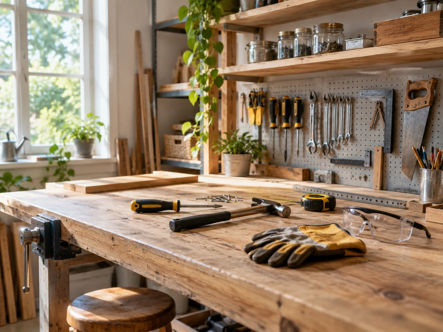 Organized home workshop bench with neatly placed hand tools, work gloves and safety goggles.