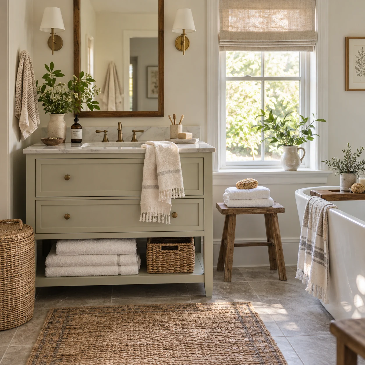 Sunlit bathroom with neatly folded towels, a pale vanity and natural linen textiles.