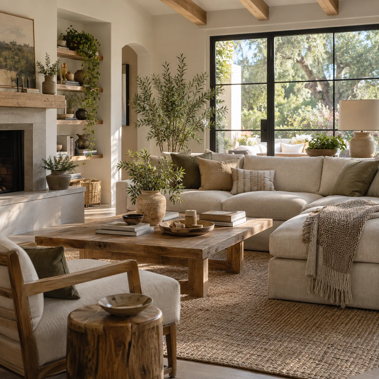 Airy living room with a linen sofa, indoor plants, pottery and natural wood furniture.