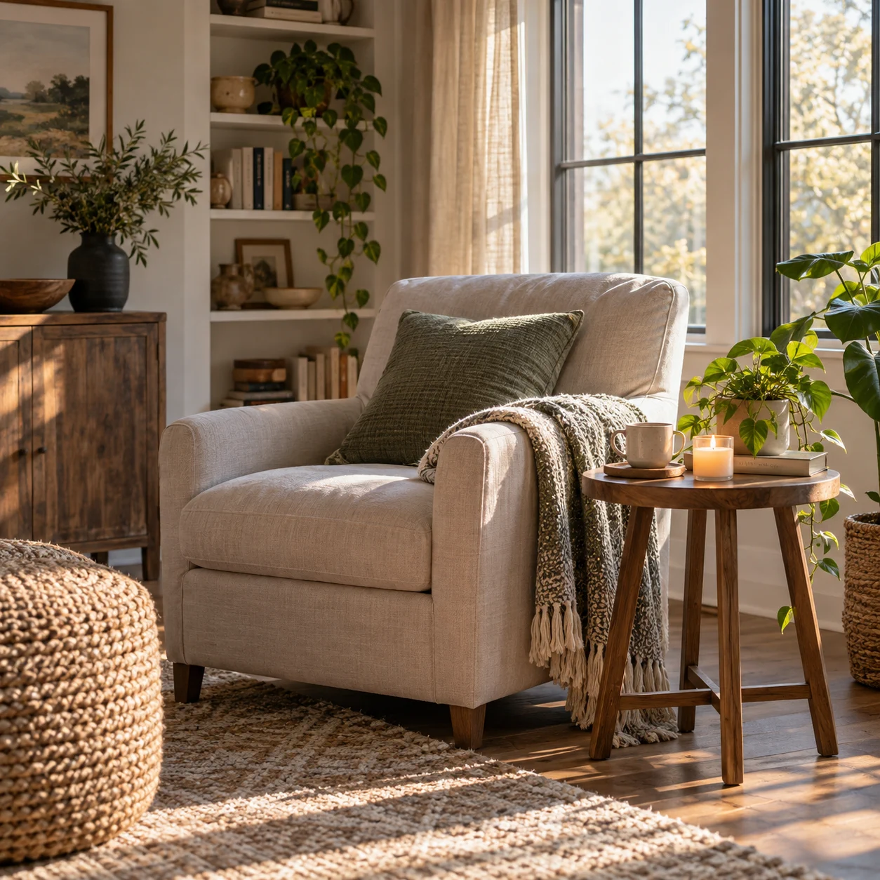 Quiet living nook with a linen armchair, houseplants and a softly glowing candle.