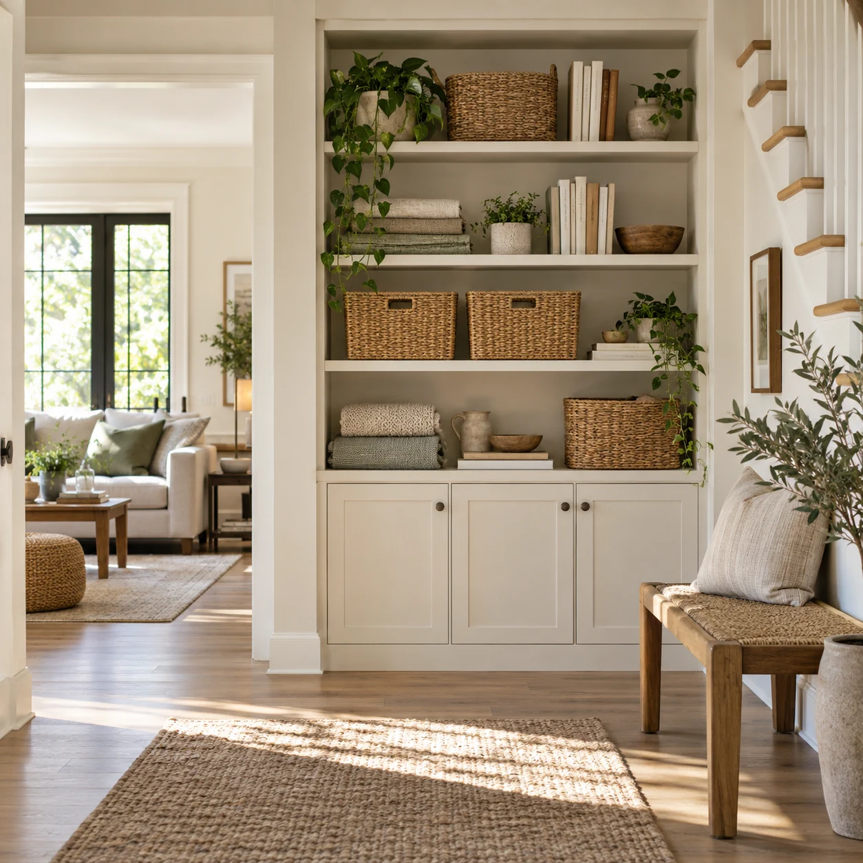 Organised built-in shelves with woven baskets, folded linens and plants.