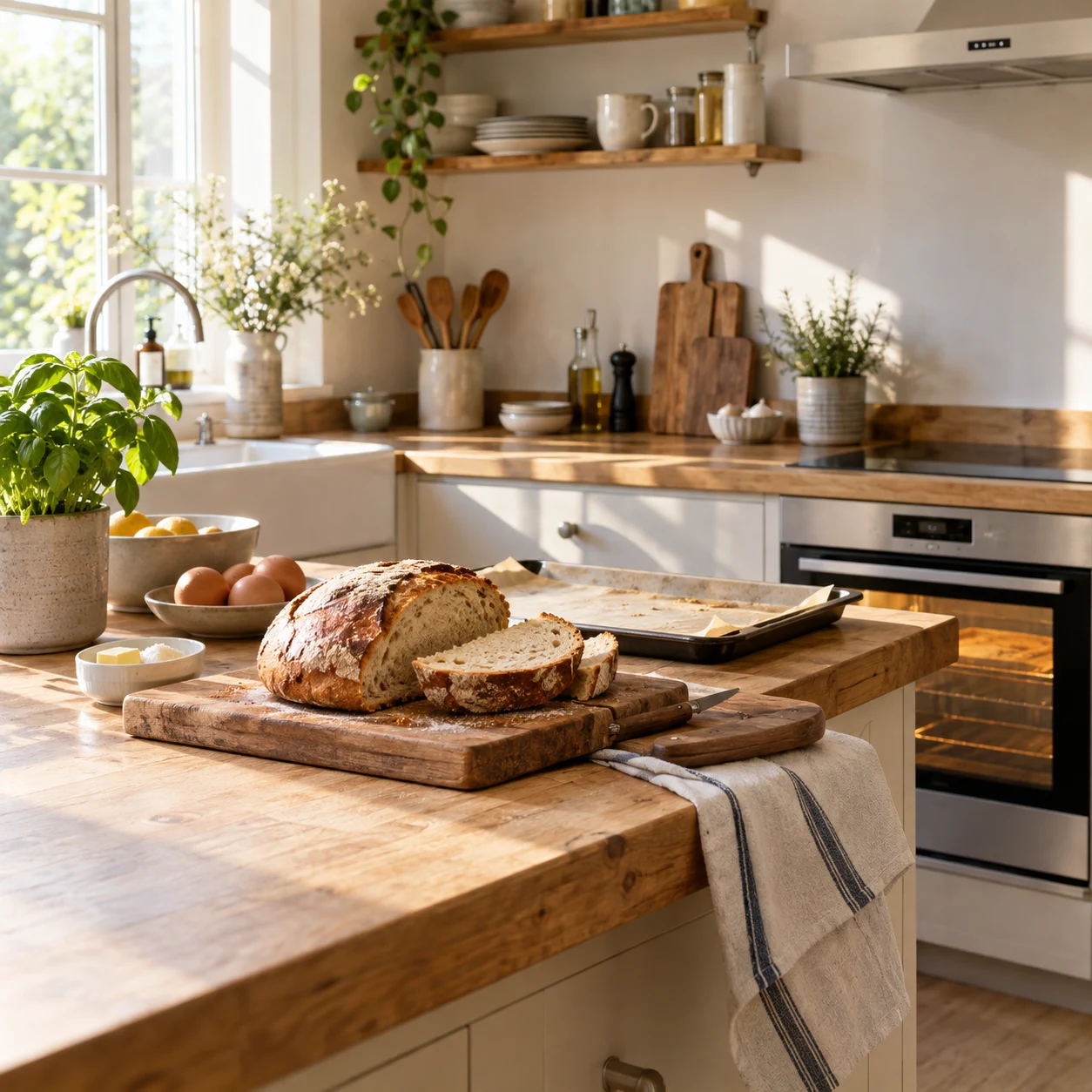 Sunlit home kitchen with fresh bread on a wooden board, a baking tray and an oven.