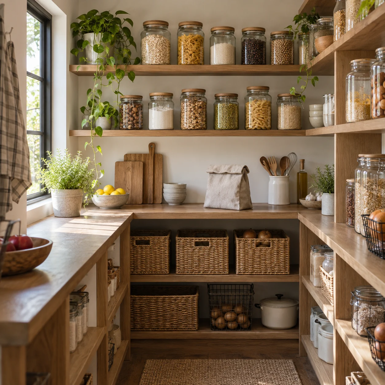 Organised pantry with glass food jars, woven baskets and a linen lunch bag.