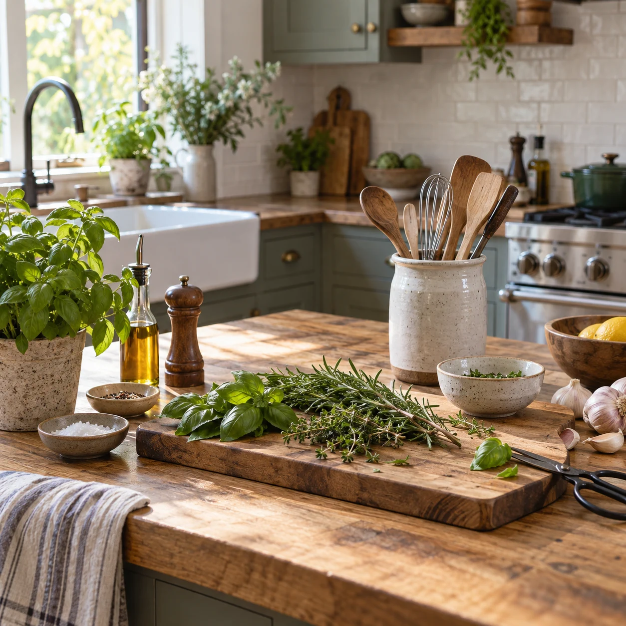 Fresh herbs on a kitchen preparation board beside a ceramic crock of cooking utensils.