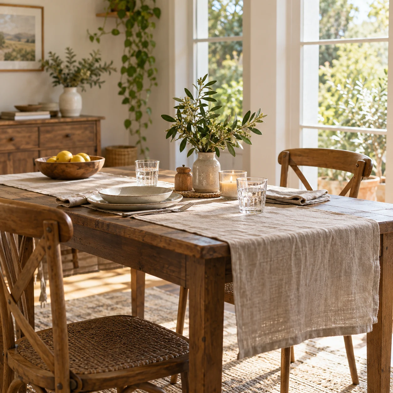 Warm dining room with a linen-covered wooden table, ceramic tableware, glasses and greenery.