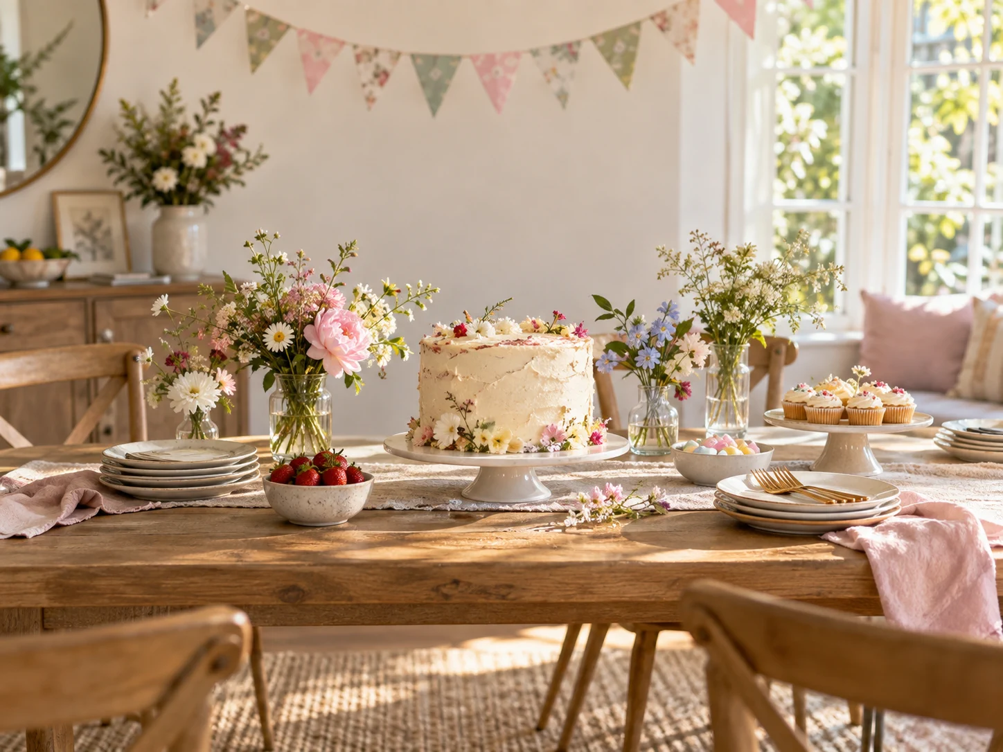A sunlit celebration table with a floral cake, pastel bunting and fresh flowers in glass vases.