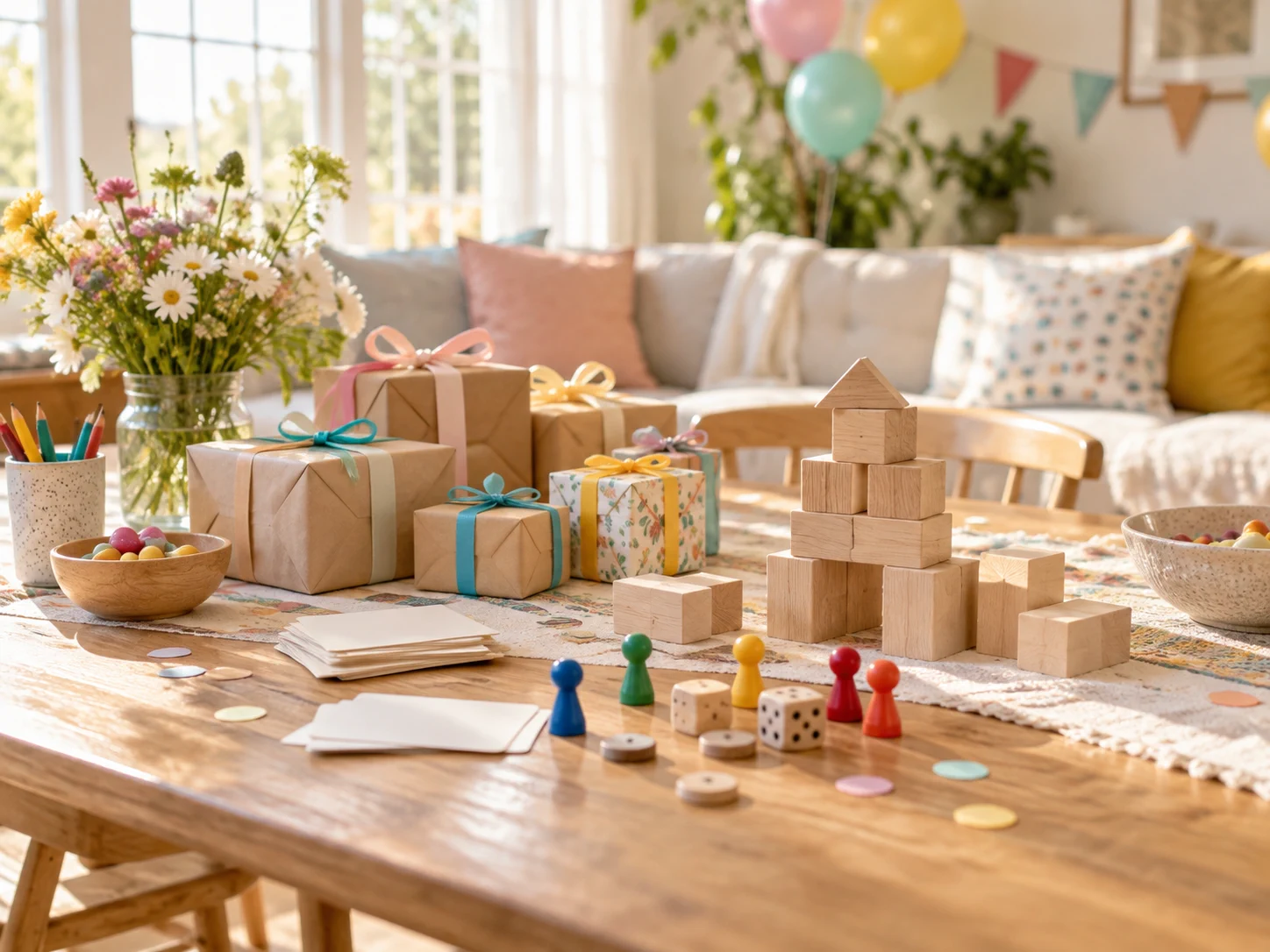 Ribbon-wrapped party favours, wooden blocks and colourful tabletop game pieces on a welcoming party table.