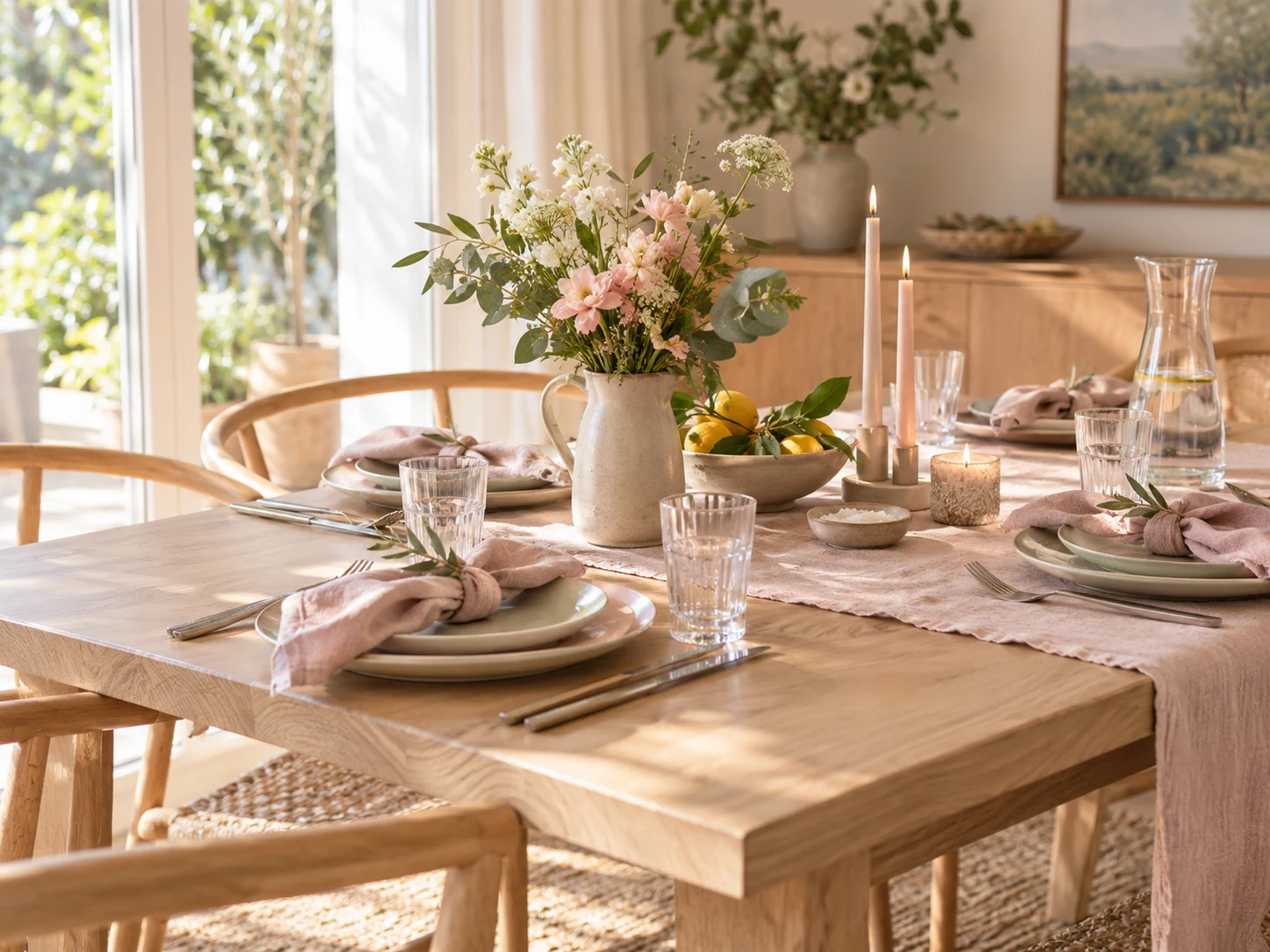 Pastel plates, linen napkins and clear glasses arranged around flowers on a sunlit dining table.