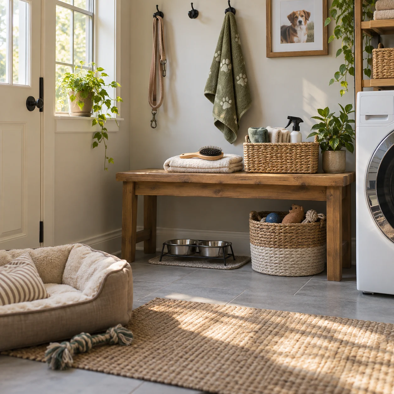 Tidy pet care nook with a grooming brush, folded towel, and basket of cloths.