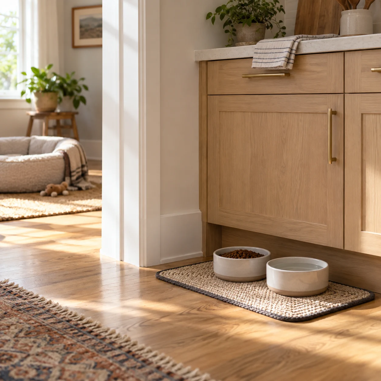 Cozy kitchen pet feeding corner with two small bowls on a washable mat.