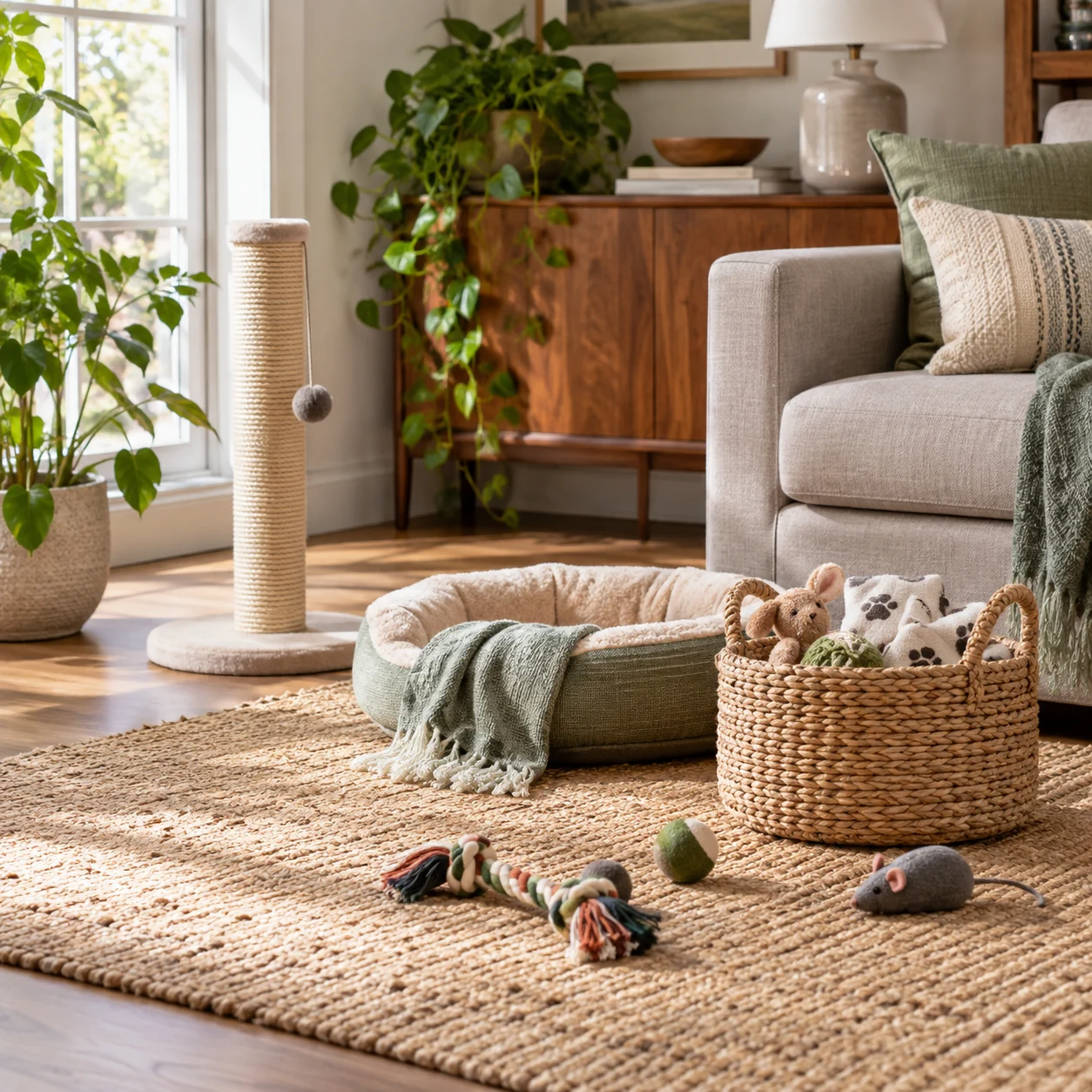 Playful home corner with a toy basket, rope tug, ball, and cat scratching post.