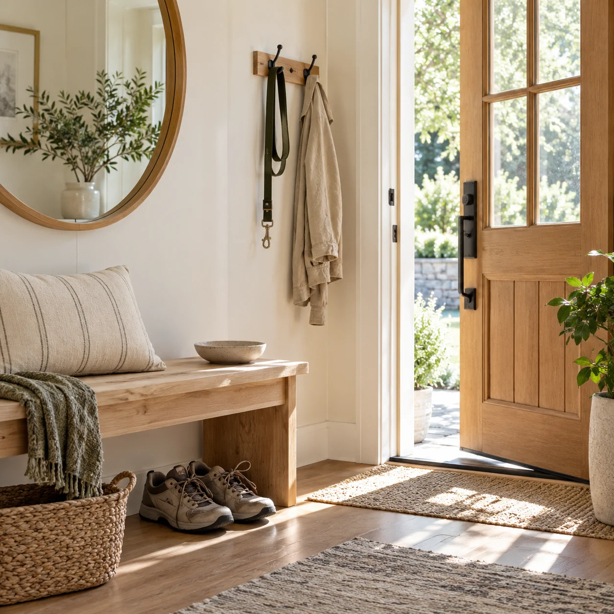 Bright entryway with a dog leash on a hook, bench, and walking shoes.