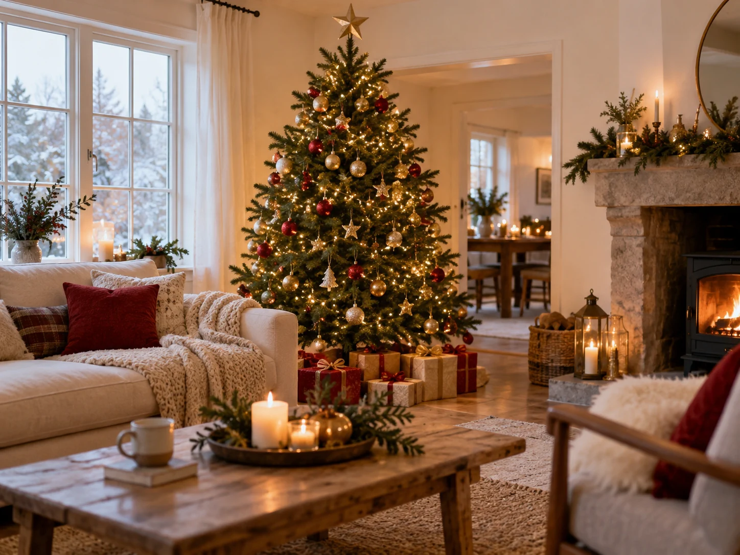 A warmly lit Christmas tree and wrapped gifts bring a festive glow to a cosy living room.