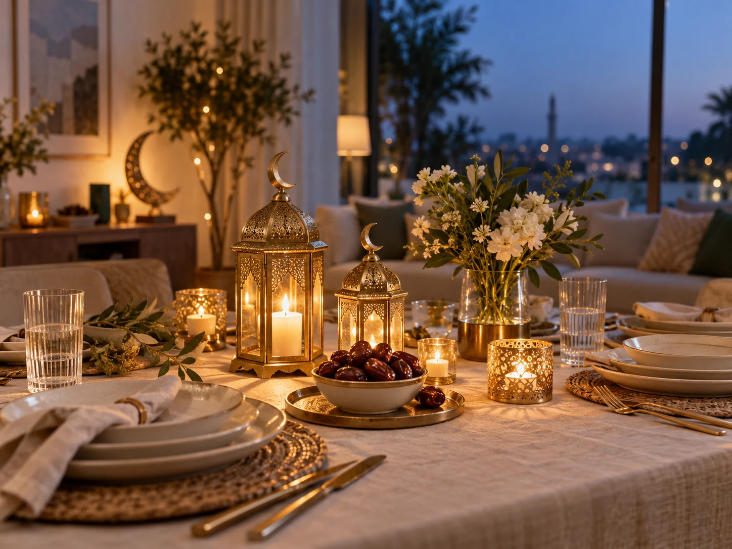Crescent-topped lanterns glow beside dates and elegant place settings on an evening celebration table.