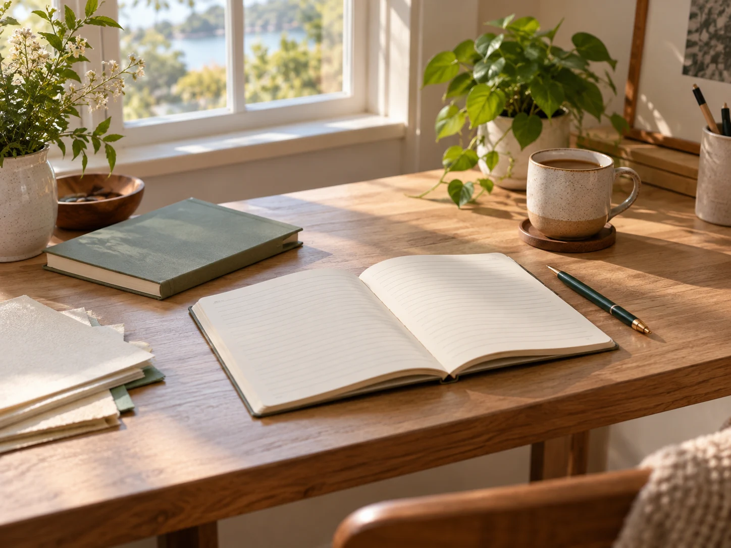 An open blank notebook, a pen and textured stationery paper on a warm sunlit writing desk.