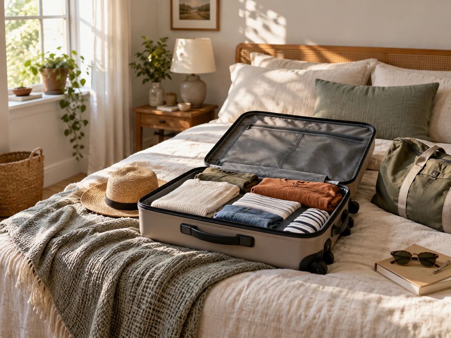 Open suitcase with neatly folded clothes on a linen-covered bed in a sunlit bedroom.