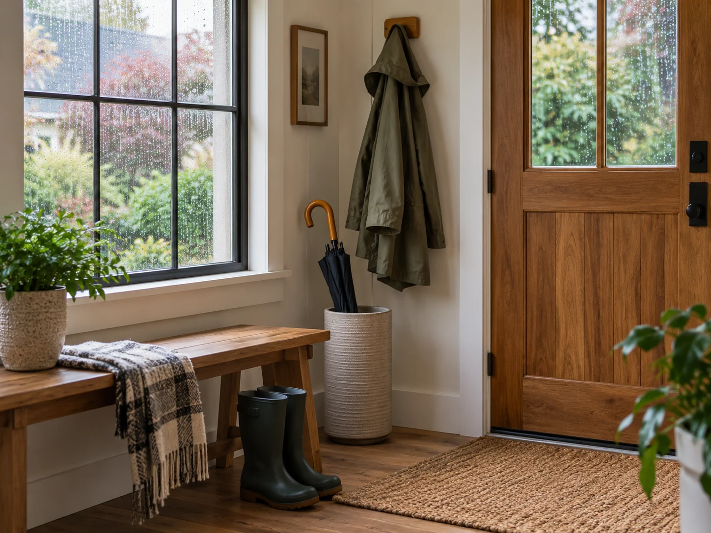 Welcoming entryway with an umbrella and raincoat beside a rain-speckled window.